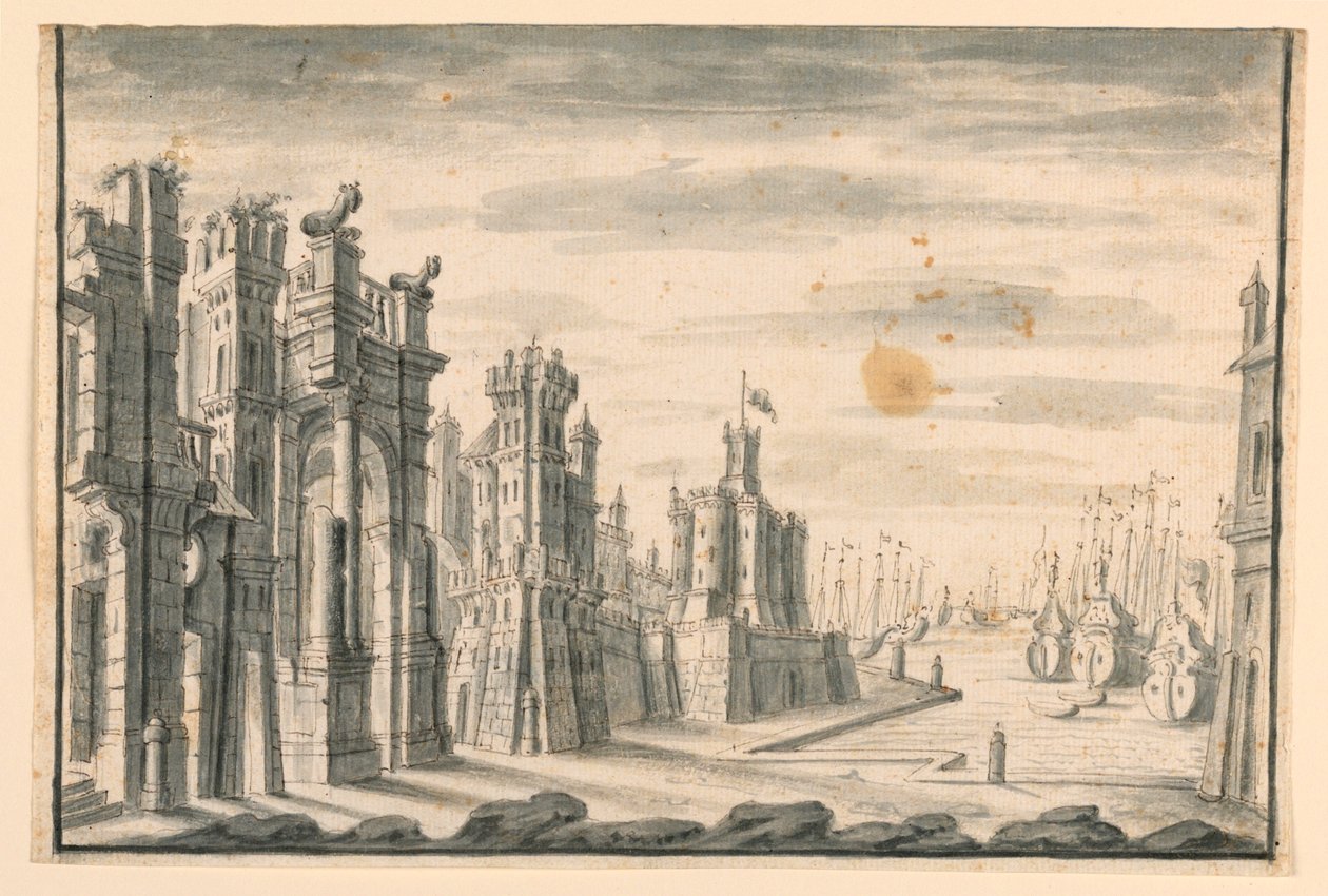Scenografia, vista della città e del porto da Unknown artist
