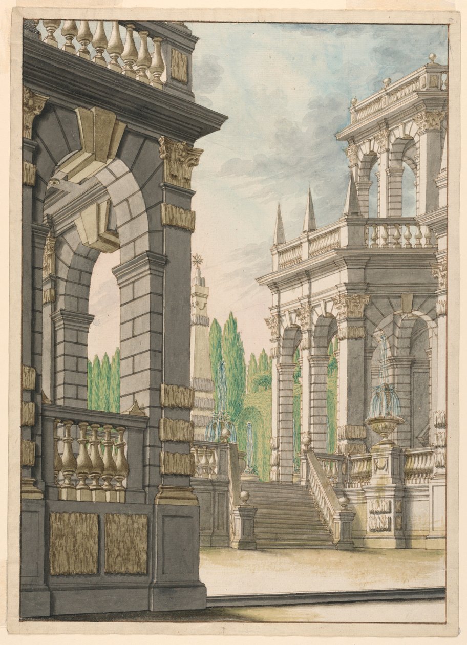 Progetto scenografico: Villa con obelisco e stemma Albani da Unknown artist