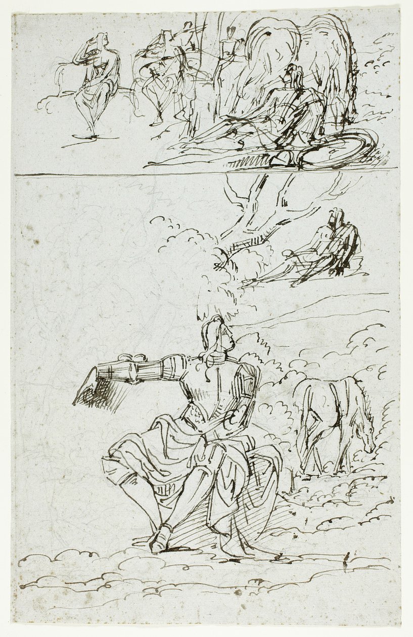 Foglio di studio con cavaliere seduto (recto); figura maschile in piedi in abiti medievali (verso) da Unknown artist