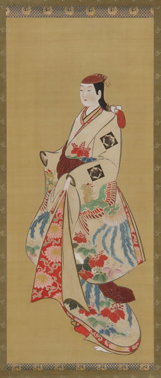 Ragazza alta; vestito con motivo di uccello ho-o e fiori di kiri da Unknown artist