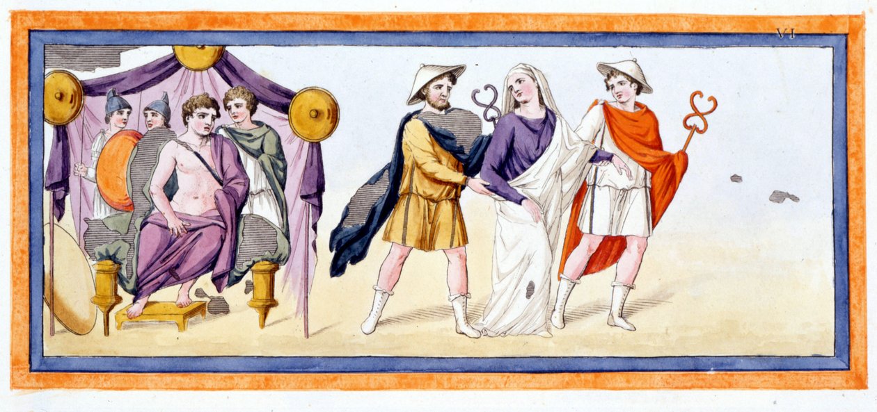 Taltibio ed Euribate portano la vergine Briseide davanti ad Achille, che si trova nella tenda dei Mirmidoni. Iliade Canto I, v 345. Incisione della fine del XVIII secolo da Unknown artist
