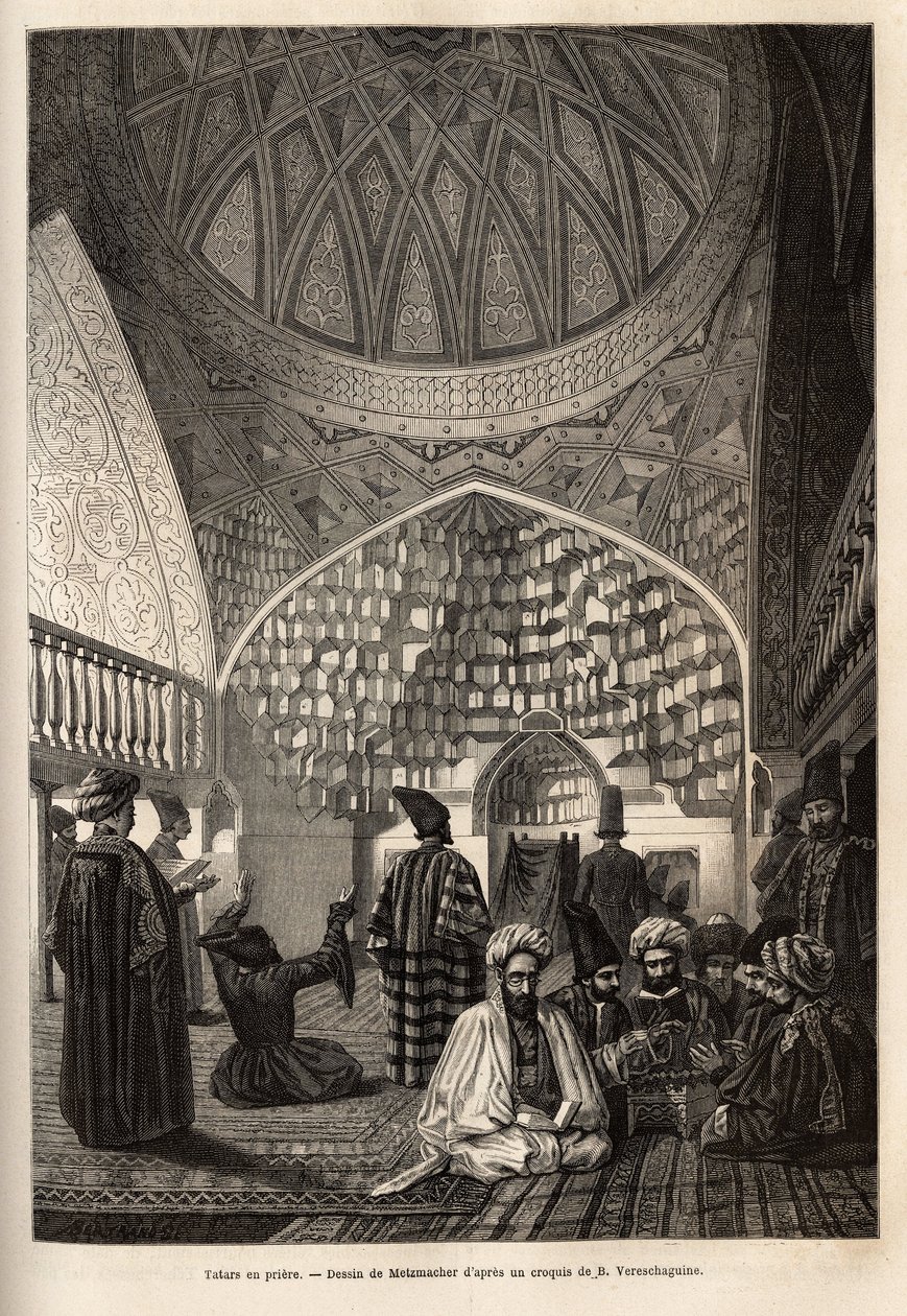 Tartari in preghiera, nella Moschea di Schusha (Transcaucasia, Russia). Incisione per illustrare il viaggio nelle province del Caucaso, di Basile Vereschaguine, nel 1864-1865, pubblicato in “le tour du monde”, sotto la direzione di D
