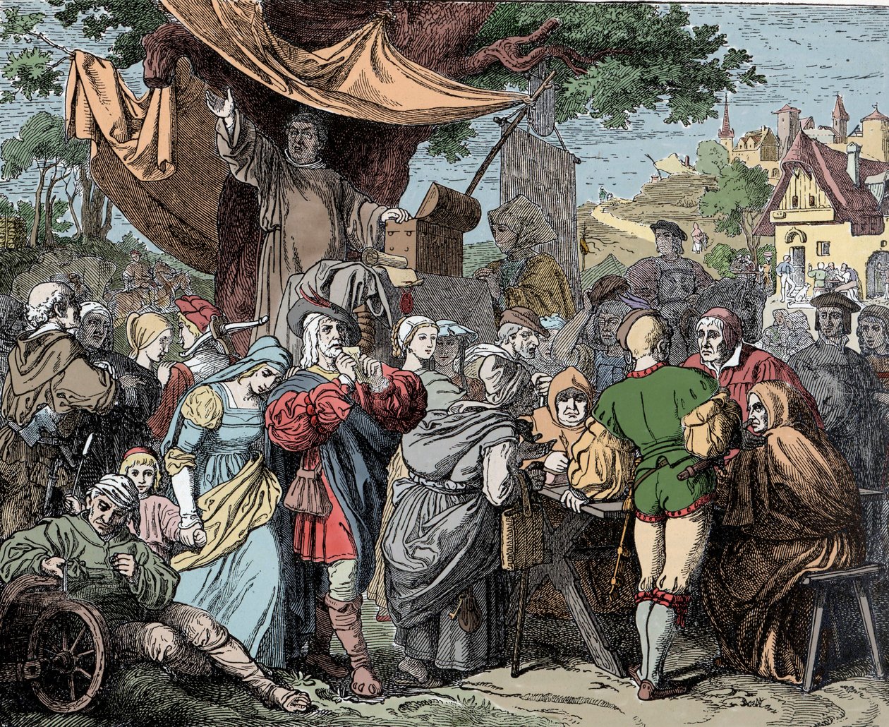 Tetzel vende indulgenze - Johann Tetzel (1465-1519), sacerdote domenicano tedesco, vende indulgenze per la costruzione della Basilica di San Pietro a Roma, circa 1515 da Unknown artist