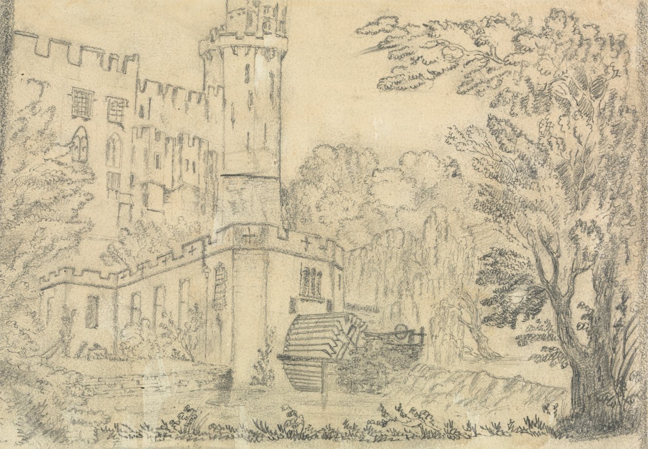 Il retro di un grande castello con ruota idraulica in primo piano da Unknown artist