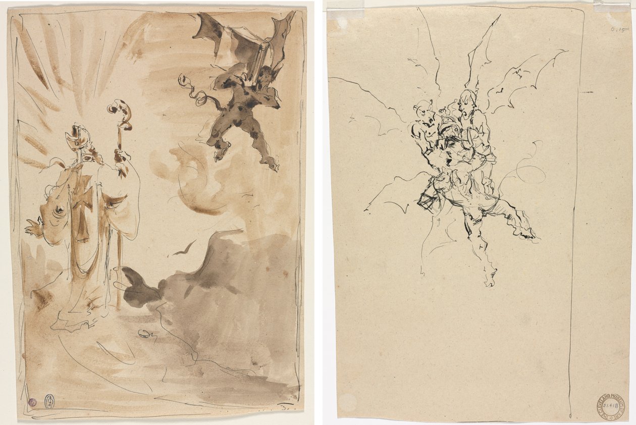 Il vescovo e il demone (recto); Tre demoni che tengono un cavaliere (verso) da Unknown artist