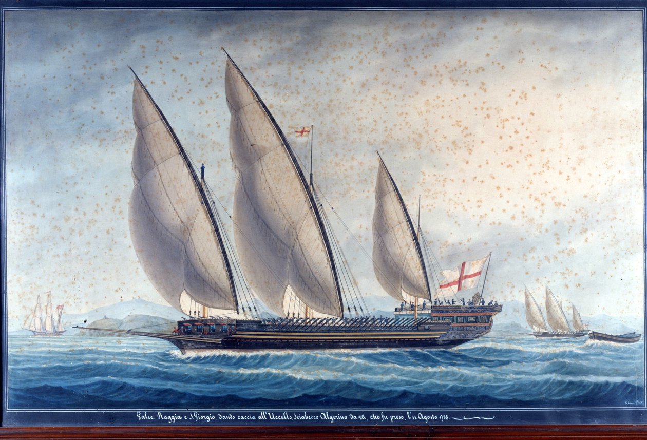 Le galee genovesi Raggia e San Giorgio inseguono il chebec algerino Uccello. 11 agosto 1788. Dipinto da Unknown artist