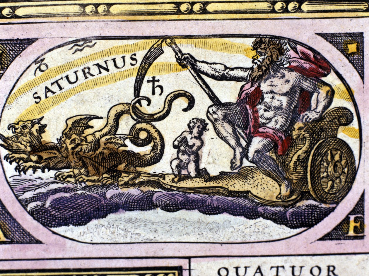 Il dio Saturno (Crono) su un carro trainato da due draghi. da Unknown artist