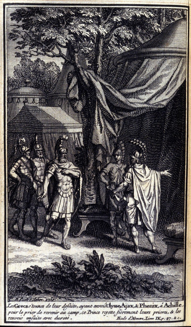I Greci, stupiti dalla loro sconfitta, inviano Ulisse, Aiace e Fenice da Achille per pregarlo di tornare al campo. Questo principe respinge orgogliosamente le loro preghiere e poi li rimanda indietro duramente. Illustrazione del libro IX dell
