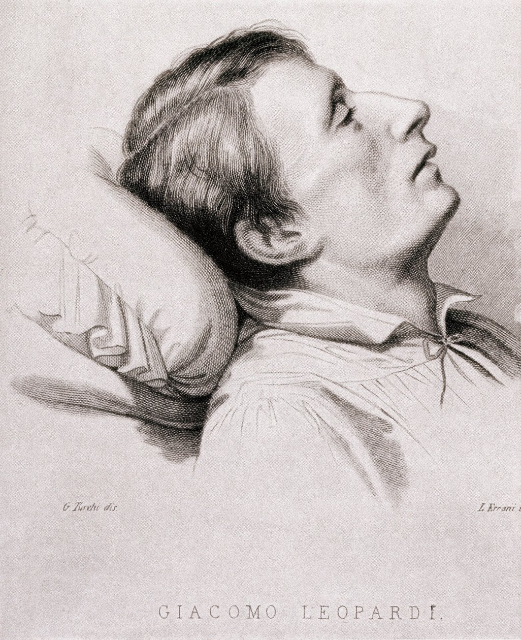 Il poeta italiano Giacomo Leopardi (1798-1837) sul letto di morte. Incisione del XIX secolo da Unknown artist