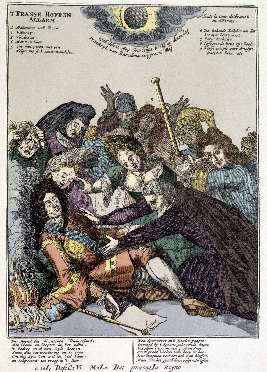 Il re svenuto e i cortigiani lo circondano, piangendo: scherno sulle falde di Luigi XIV nei Paesi Bassi e in Italia nel 1706 da Unknown artist