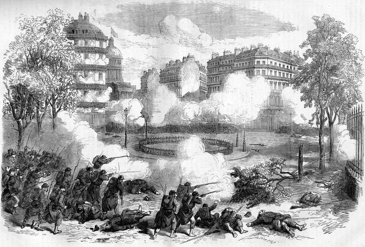 La Comune di Parigi nel 1871. Attacco delle barricate dei federati (comunardi) davanti al Pantheon da parte del corpo d