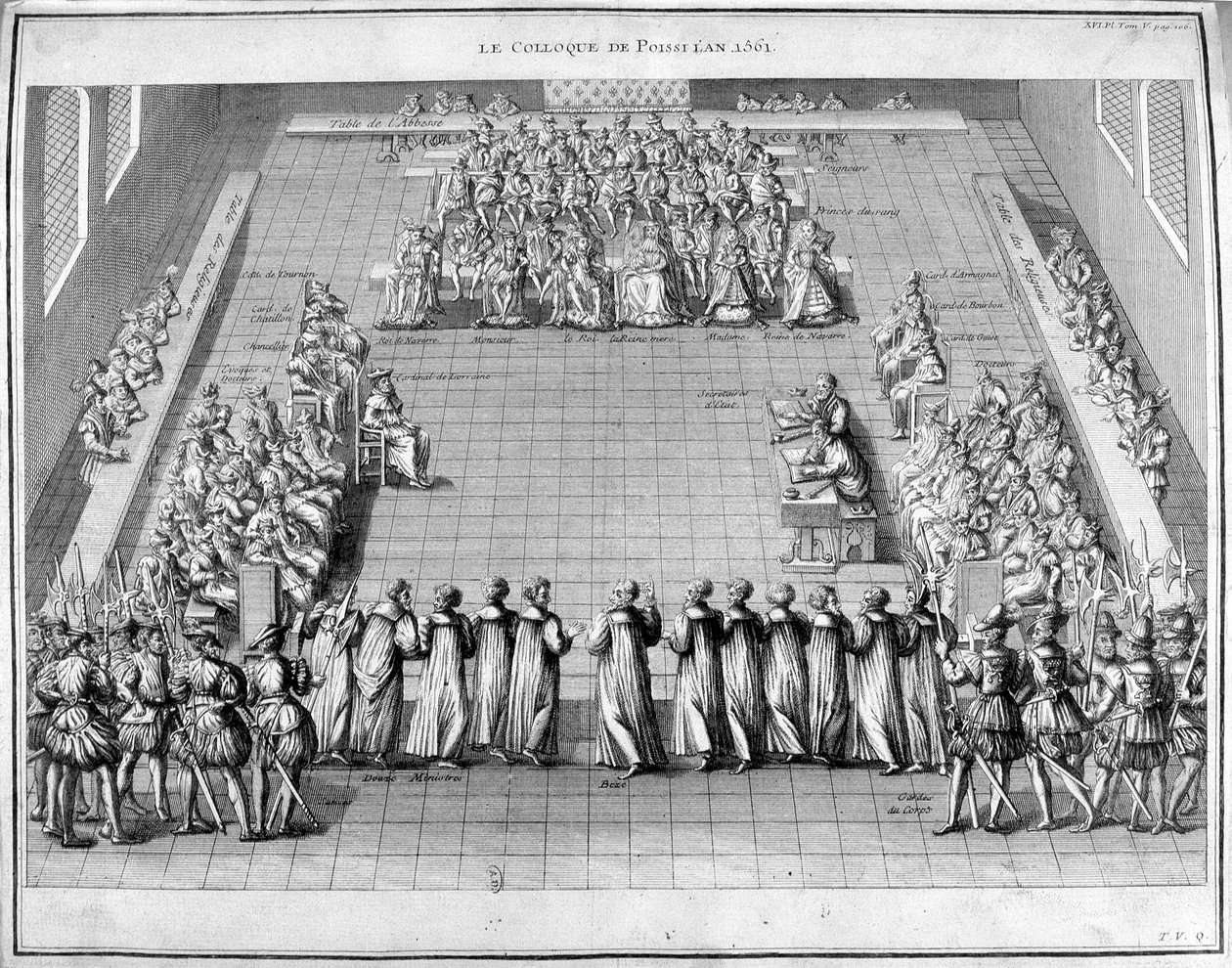 Il Colloquio di Poissy (Poissy) nel 1561. Al centro il Re di Francia Carlo IX (1550-1574) e la Regina Madre Caterina de