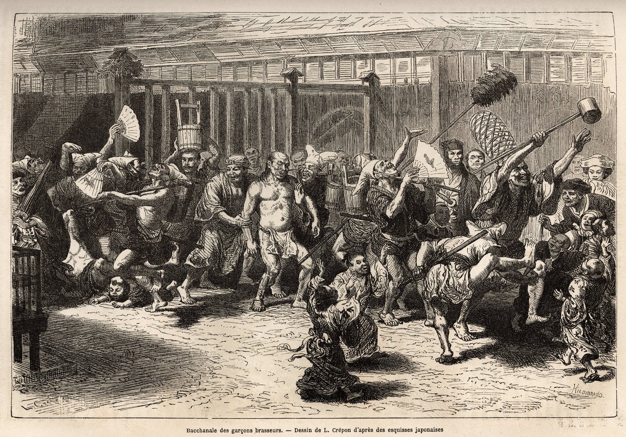 La baccanale dei birrai, alla vigilia di Capodanno, dopo aver ricevuto il loro stipendio e festeggiato, camminano in una processione gioiosa e rumorosa a Edo (l