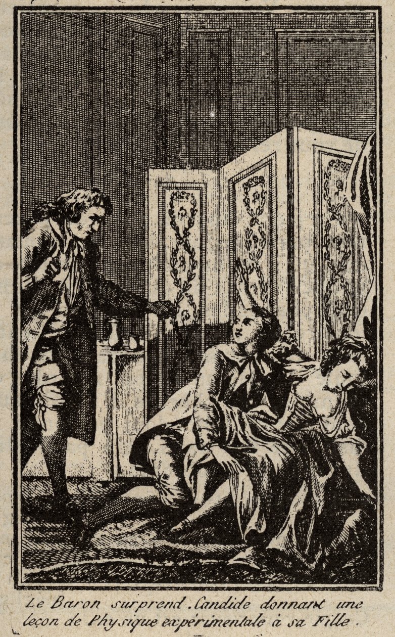 Il barone sorprende Candido mentre dà una lezione di fisica sperimentale a sua figlia. Frontespizio per "Candido" di Francois Marie Arouet detto Voltaire da Unknown artist
