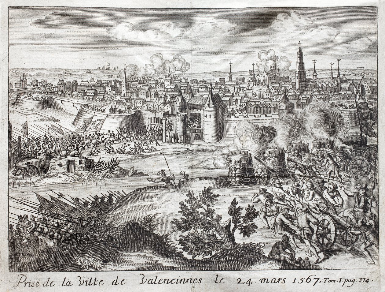 La città di Valenciennes fu presa il 24 marzo 1567. Prima battaglia della rivolta dei Gueux. Incisione per illustrare History of the War of F da Unknown artist