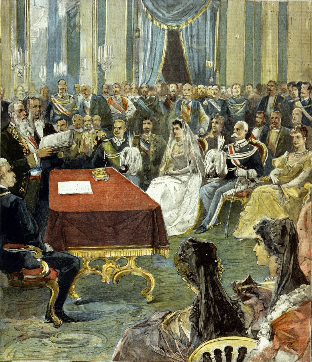 Il matrimonio civile del Principe di Napoli - che divenne Vittorio Emanuele III - con la Principessa Elena del Montenegro al Palazzo del Quirinale nel 1896. Al centro si può vedere Umberto I a sinistra della sposa. da Unknown artist