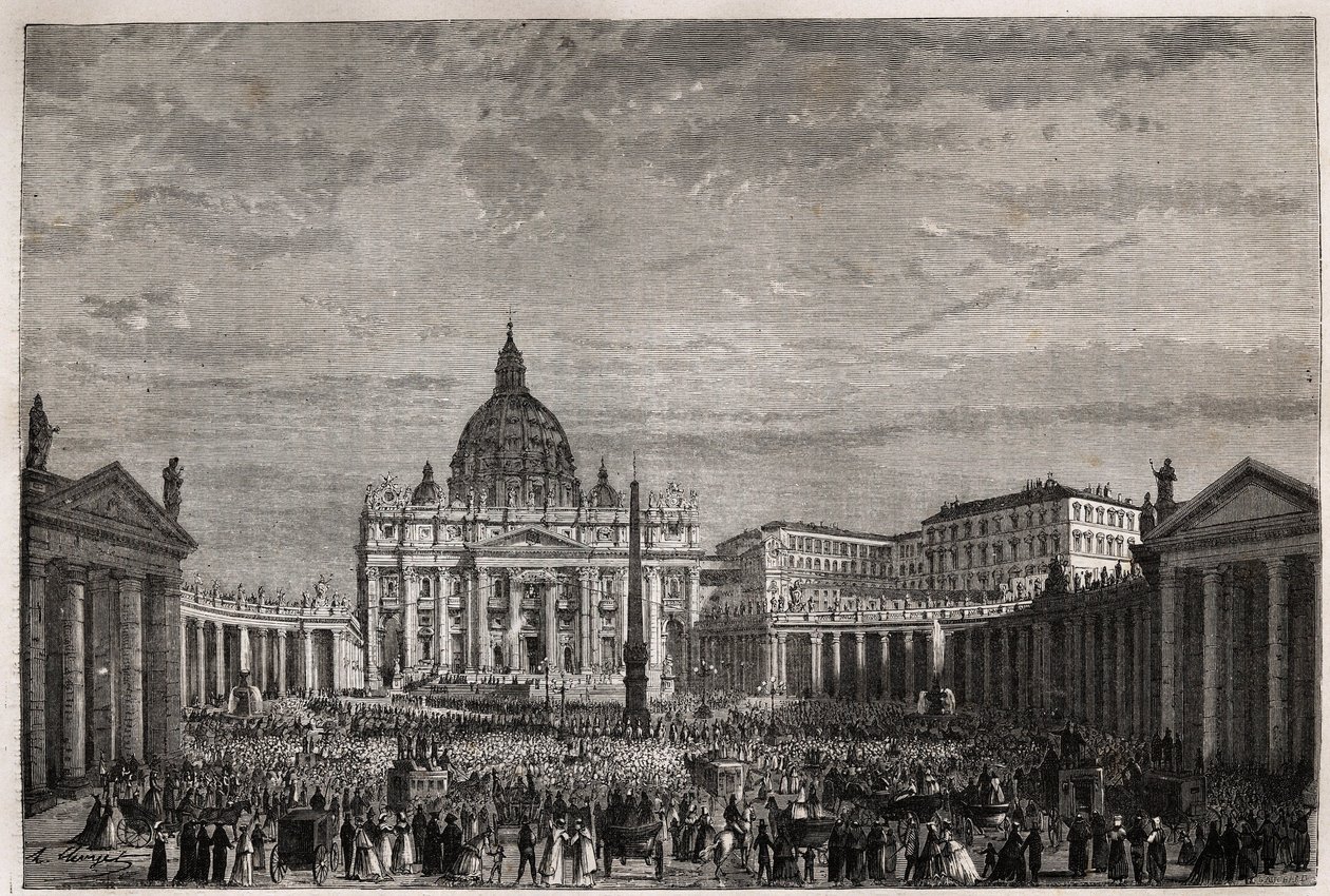 La folla si è precipitata in Piazza San Pietro in Vaticano per ricevere la grande benedizione di Pasqua da Papa Pio IX (1792-1878). Incisione per illustrare la storia della Settimana Santa a Roma, nel 1863, di Ludovic Celler, in 