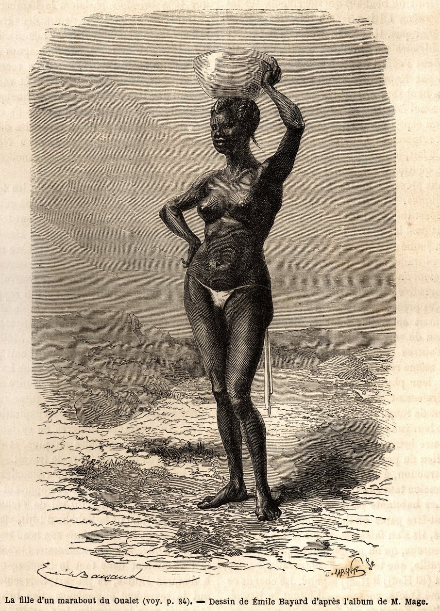 La figlia di un marabutto di Oualet (Mauritania), con una ciotola sulla testa per fare il sapone nero. Incisione per illustrare il viaggio nel Sudan occidentale del tenente (Marina) M. Mage, nel 1863-1866, pubblicato in "Le tour du monde, nouveau journal d da Unknown artist