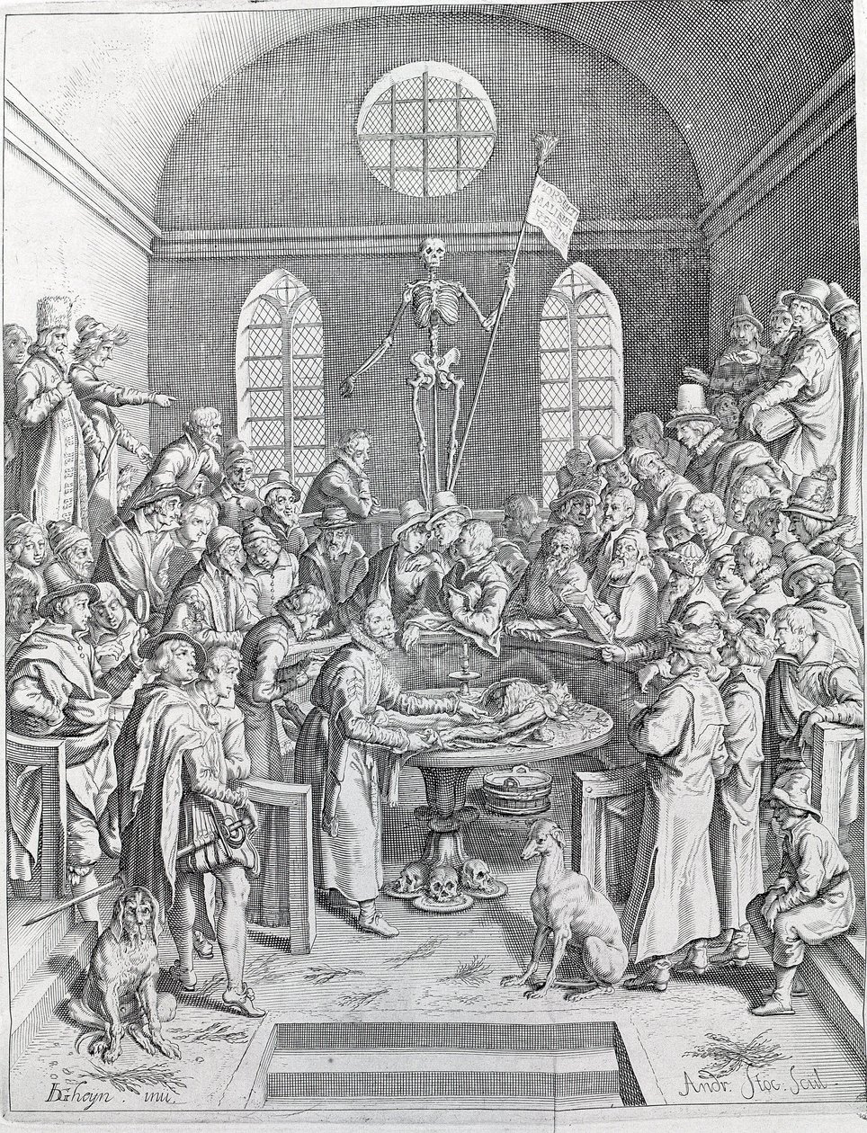 La dissezione. Gruppo di medici e scienziati riuniti per seguire una dissezione in un anfiteatro. Incisione del 1788 da Unknown artist