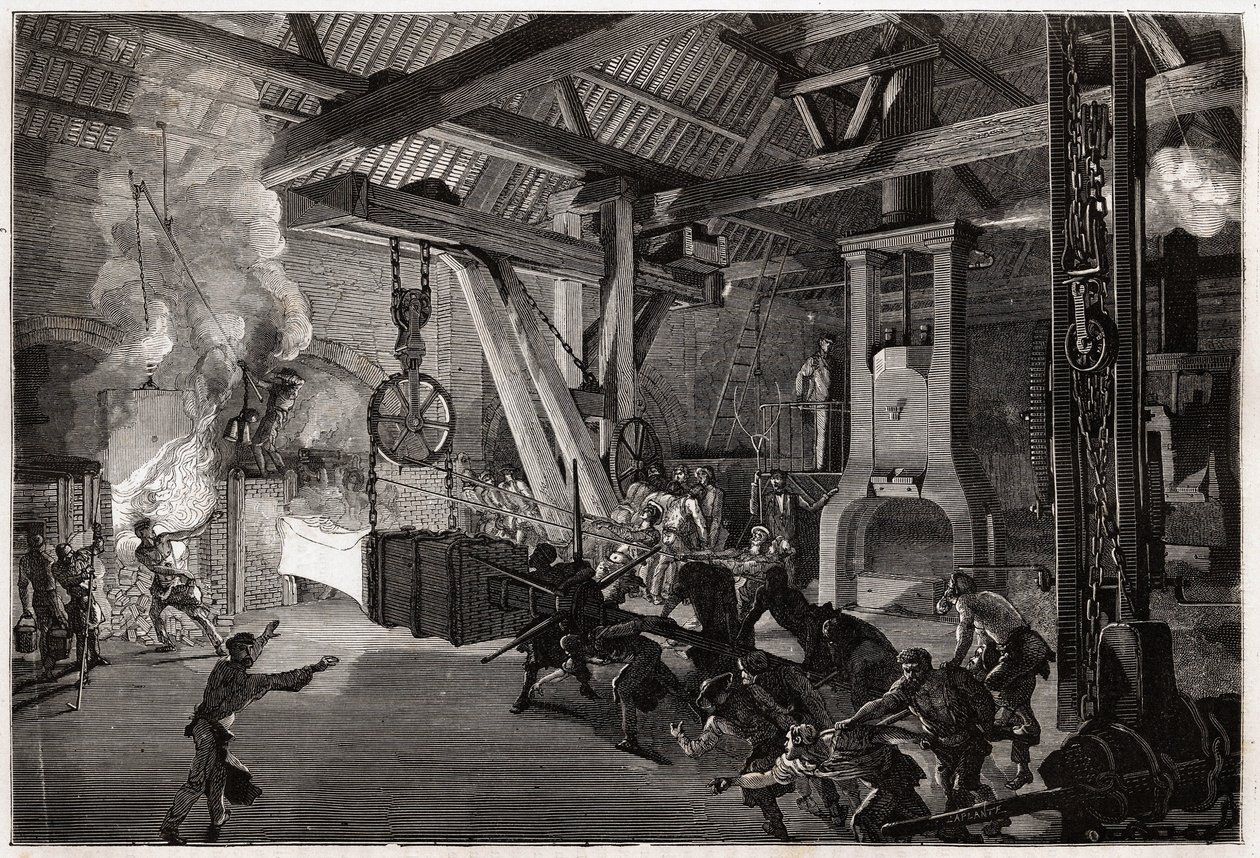 Il martello del tamburino (tamburino) ha la forgia dei grandi lavori; il pezzo enorme da forgiare esce dal forno abbagliante, gli uomini manovrano per portarlo sotto il bastone. Incisione per illustrare un viaggio al Creusot e alle miniere di Saone e Loira da Unknown artist