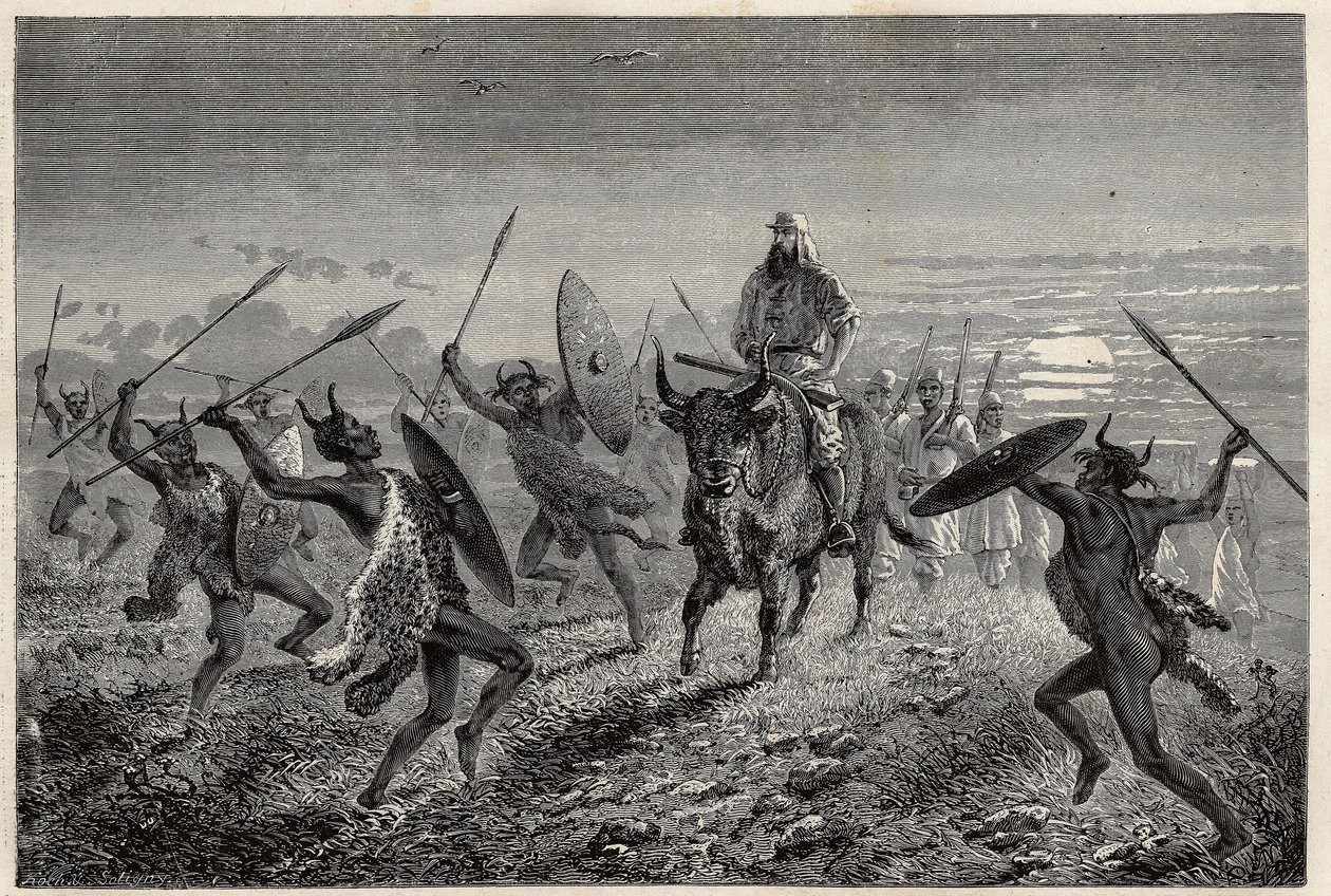 La scorta assegnata al viaggiatore Baker, esegue una fantasia prima di partire per il Lago Alberto (o Albert Nyanza). Incisione per illustrare il viaggio al lago Alberto, dal 1861 al 1864, di Sir Samuel White Baker, in 