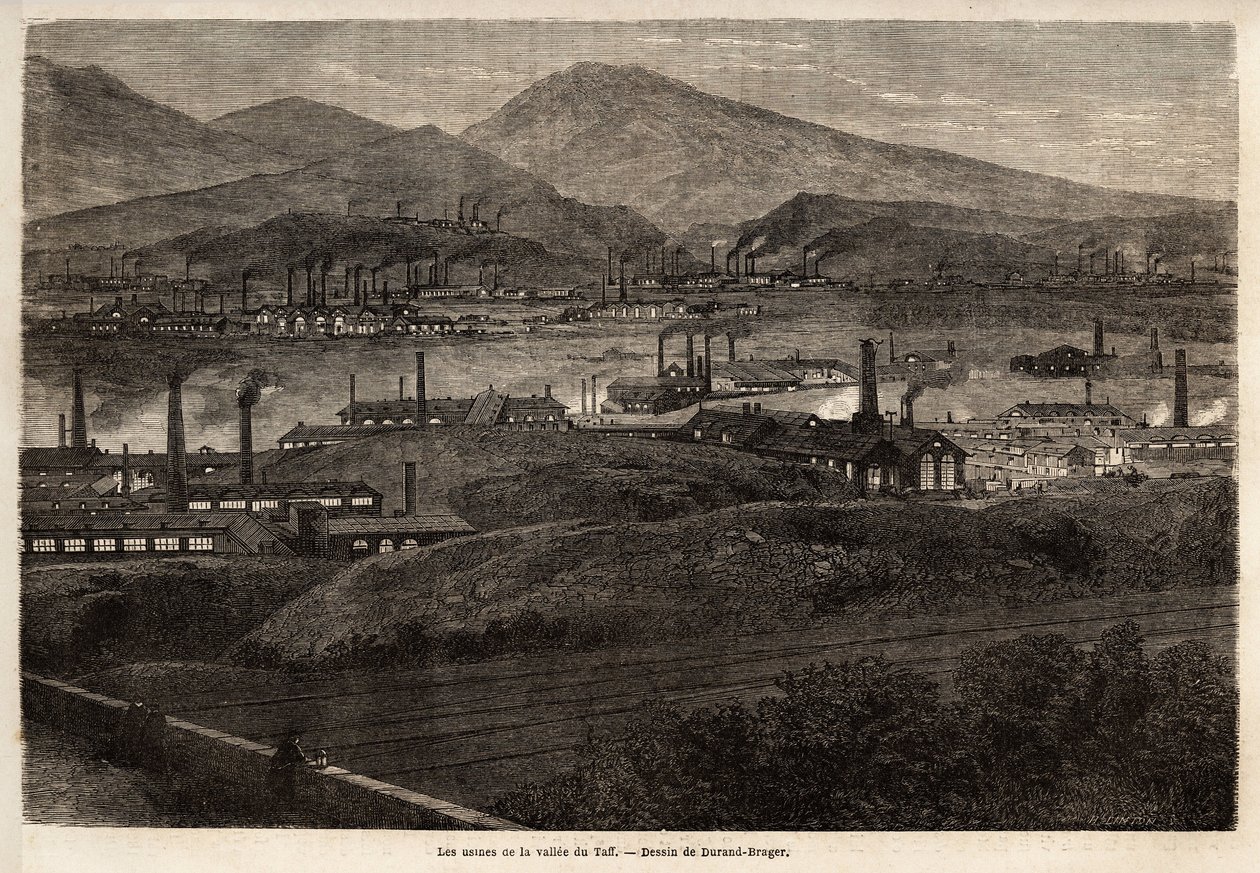 Le fabbriche della Valle del Taff. Disegno di Durand Brager per illustrare una visita alle principali fabbriche del Galles nel 1862, di L.Simonin. Incisione in "Le tour du monde", a cura di Edouard Charton da Unknown artist