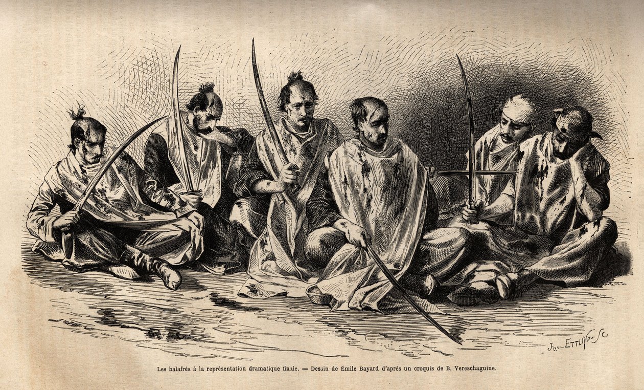 I fanatici musulmani si sfregiano durante la rappresentazione drammatica che si svolge dopo la festa del martirio di Hossein, ciascuno di loro è coperto da un lenzuolo bianco, per raccogliere il sangue che scorre dalle ferite che si sono inflitti battendos da Unknown artist