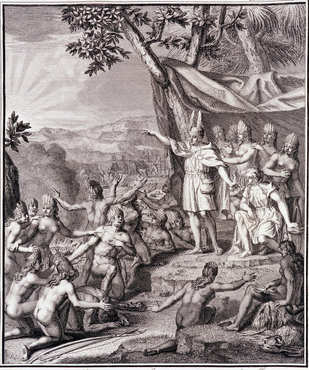 Il primo Inca Manco Capac e la Regina Coya Mama Oello Huaco sua moglie, entrambi figli del Sole, radunano i selvaggi - in "Viaggio Storico del Sud America fatto per ordine del Re di Spagna" di Don Georges Juan & Don Antoine de Ulloa, T.II, ed. Jombert da Unknown artist