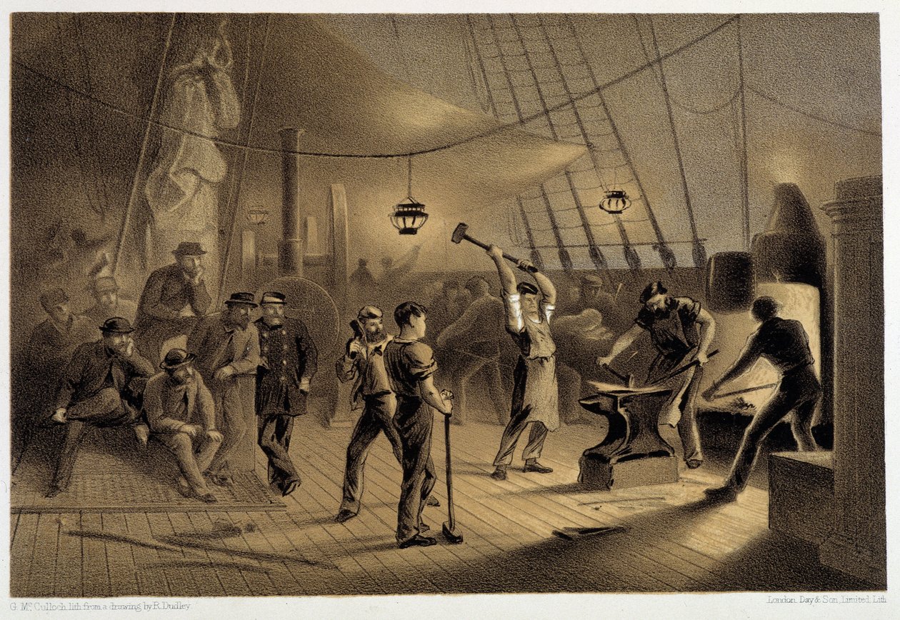 La forgia sul ponte. Notte del 9 agosto preparando la placcatura in ferro per il cabestano - in "The Atlantic telegraph" di W. H. Russel, ca. 1860 da Unknown artist