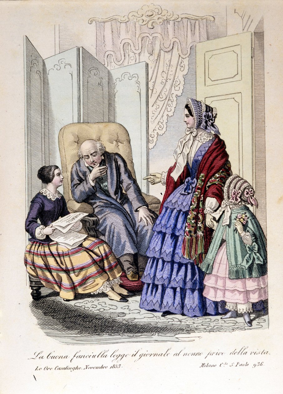La ragazza legge il giornale al nonno che ha perso la vista. Da "Le ore casalinghe", novembre 1853 da Unknown artist