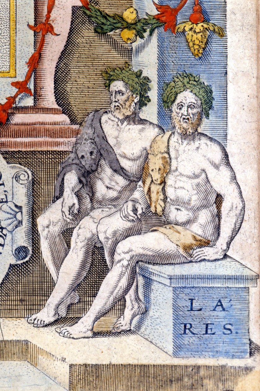 Gli dei lares: proteggono la casa e i suoi abitanti (sono gli spiriti degli antenati). Incisione del XVI secolo da Unknown artist
