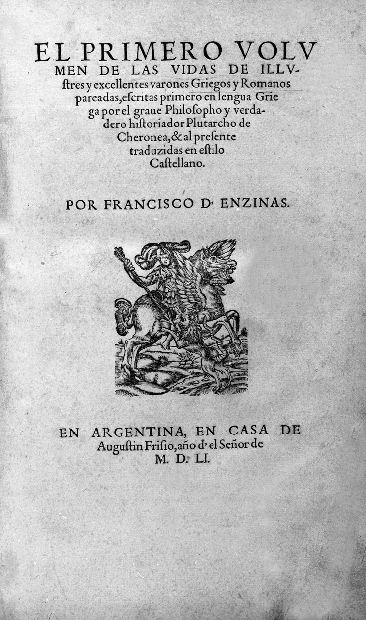 Le vite degli uomini illustri. Frontespizio del libro di Plutarco di Cheronea, anche chiamato "Vite Parallele". Edizione argentina da Unknown artist