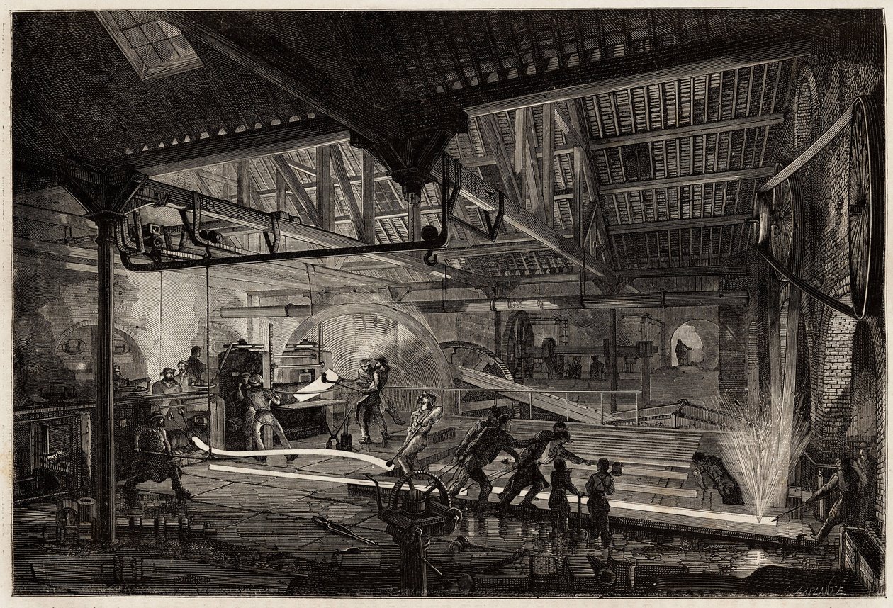 La fabbricazione delle rotaie nelle vecchie fucine di Le Creusot, le strisce di acciaio, bianche di calore, si estendono in rotaie tra i laminatoi. Incisione per illustrare un viaggio a Le Creusot e alle miniere di Saone e Loira, nel 1865, di L. Simonin, i da Unknown artist