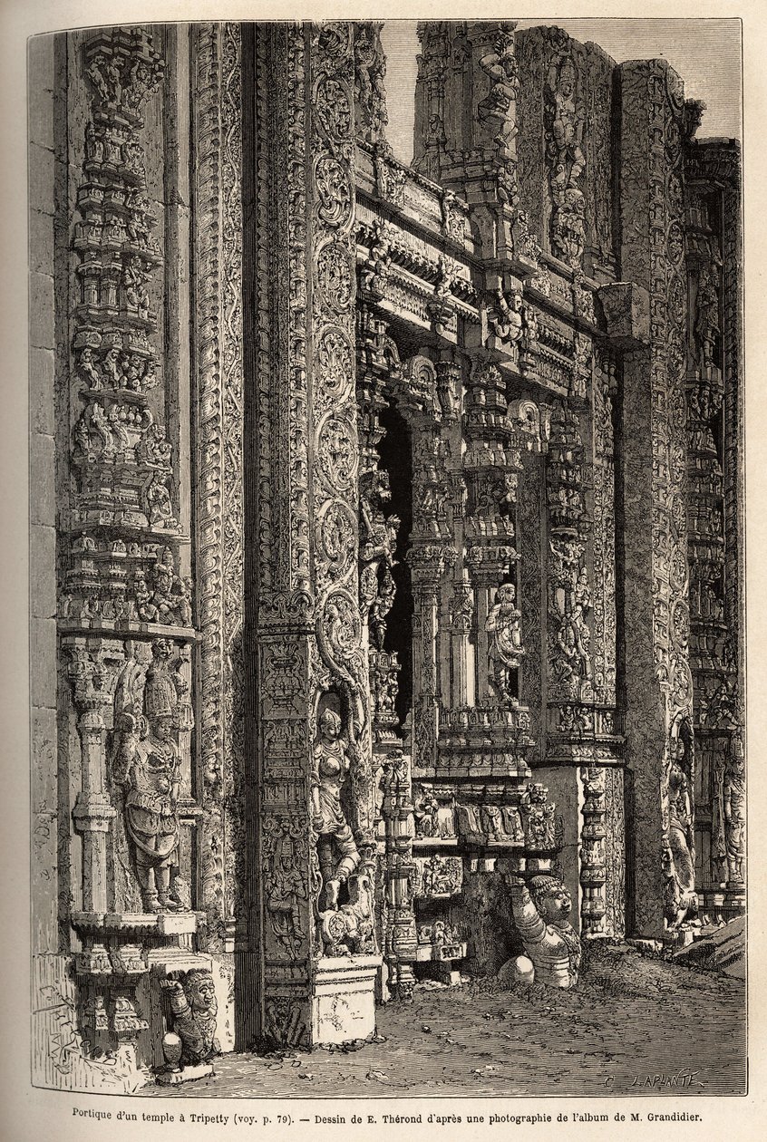 Il portico scolpito di un tempio a Tripetty (o Tirupati, in Andhra Pradesh), un importante luogo di pellegrinaggio indù. Incisione per illustrare il viaggio nelle province meridionali dell
