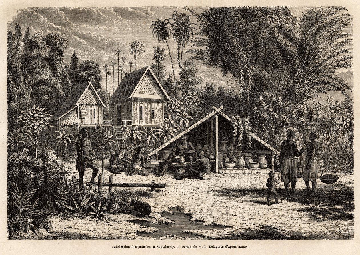 La produzione di ceramiche a Saniaboury (Laos). Incisione per illustrare il viaggio di esplorazione in Indocina, di Francis Garnier, tenente di vascello, nel 1866-1868, pubblicato in "Le tour du monde" 1870-1871, a cura di Edouard Charton, edizione Hachett da Unknown artist