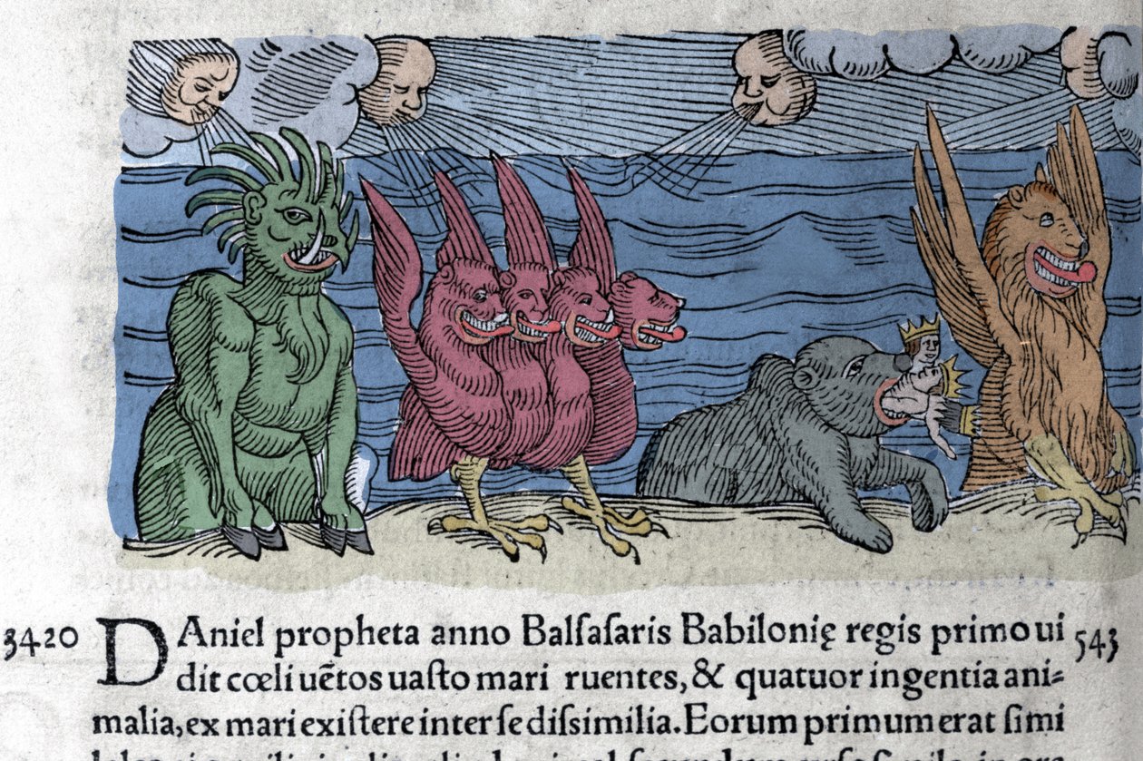 Il profeta Daniele vede apparire mostri: Haniel, Kafziel, Azriel, Aniel. Incisione dal "Libro dei prodigi e degli ostenti" di Wolfhart (Conrad Lycosthene) 1557 da Unknown artist