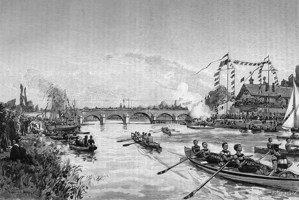 Le regate scolastiche di Joinville le Pont, Ile de France. Incisione in 