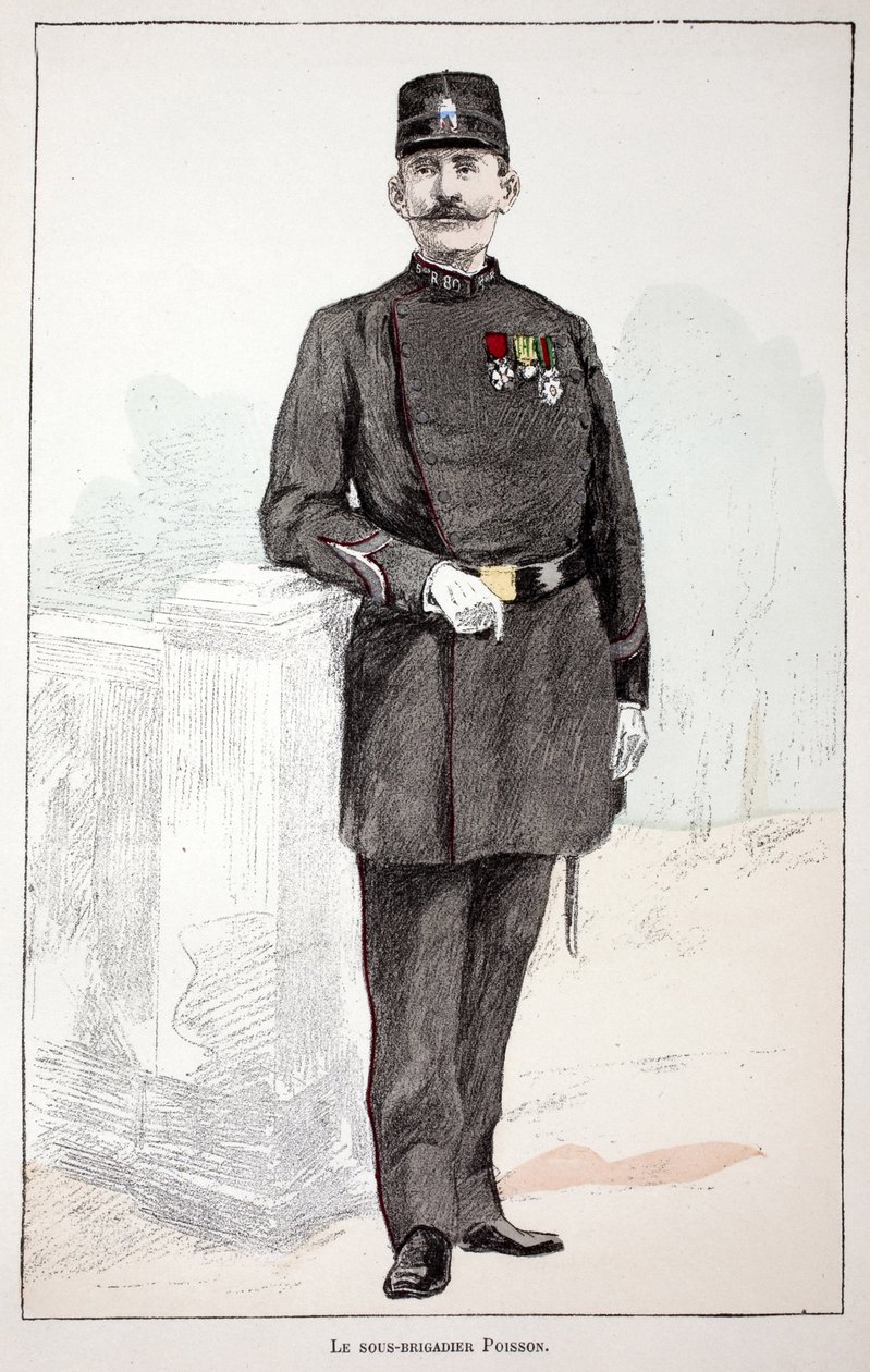 Il sotto-brigadiere Poisson. Acquaforte a colori, per illustrazione 