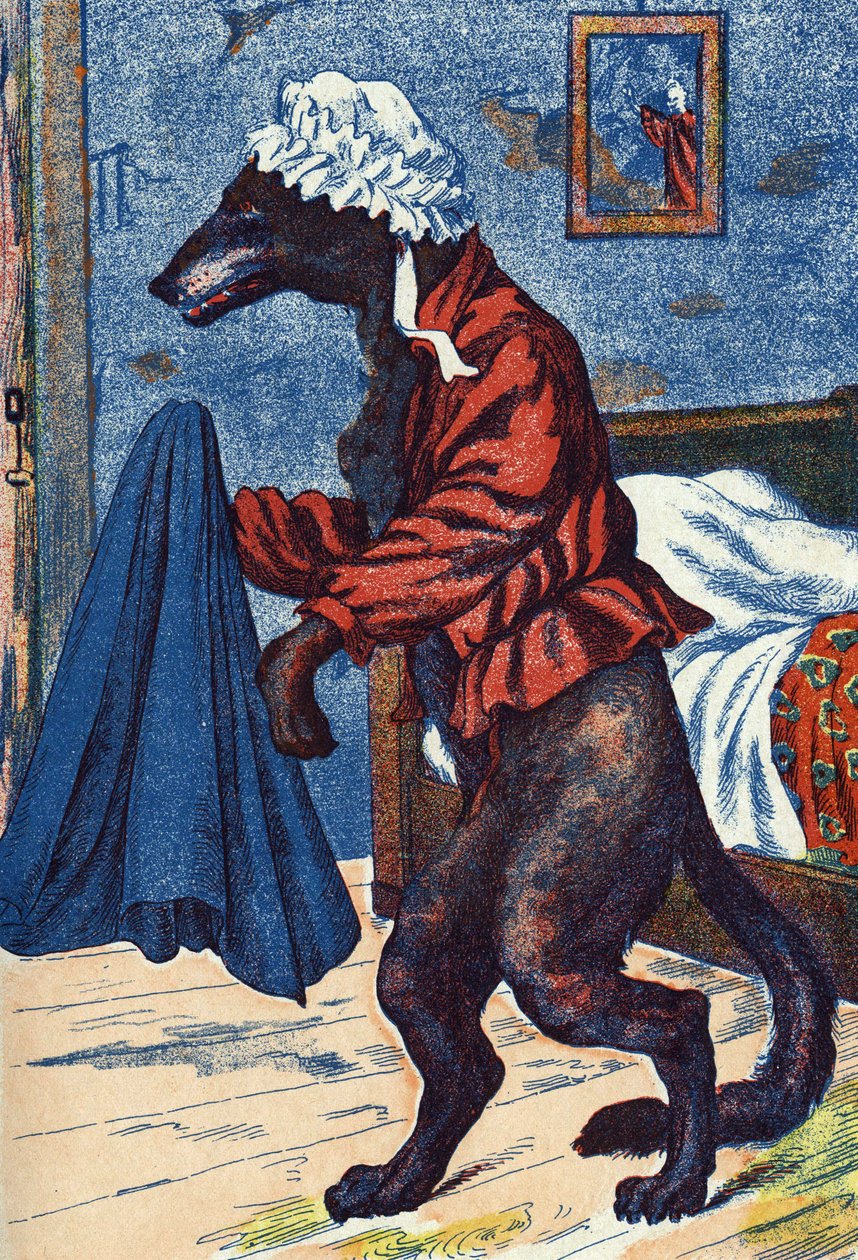 Il lupo indossa i vestiti della nonna. Illustrazione anonima per "Cappuccetto Rosso", racconto di Charles Perrault (1628-1703), scrittore francese. Immagini Marcel Vagne, Jarville Nancy, senza data (fine XIX secolo) da Unknown artist