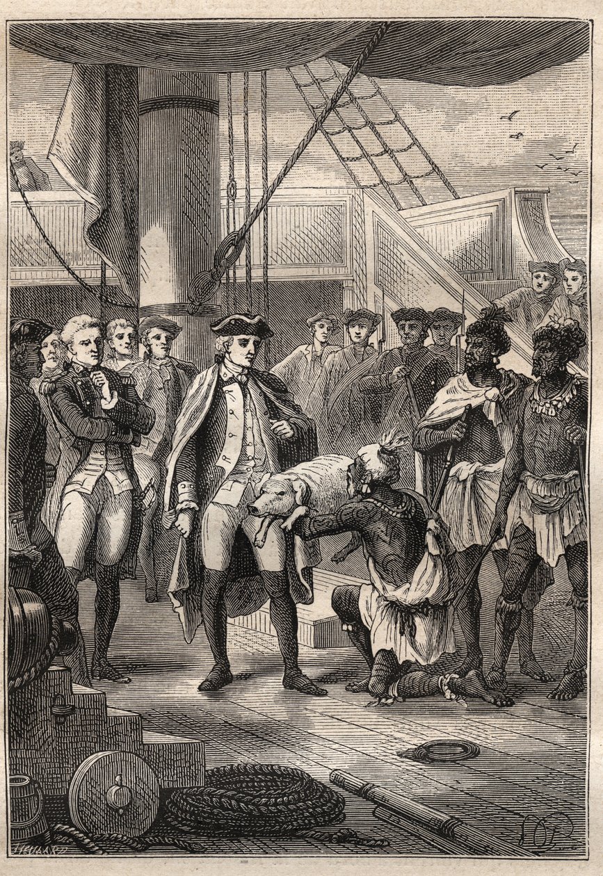 Terzo viaggio (1776-1779) del Capitano James Cook (1728-1779): il sacerdote Koah offre un maialino a Cook, a bordo della nave Resolution (Hawaii) - illustrazione da 