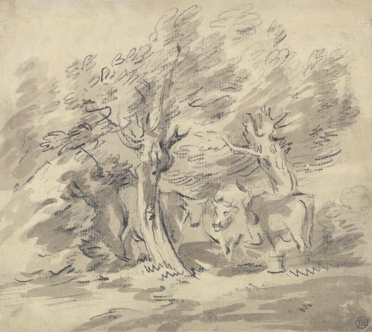 Tre mucche sotto un gruppo di alberi da Unknown artist