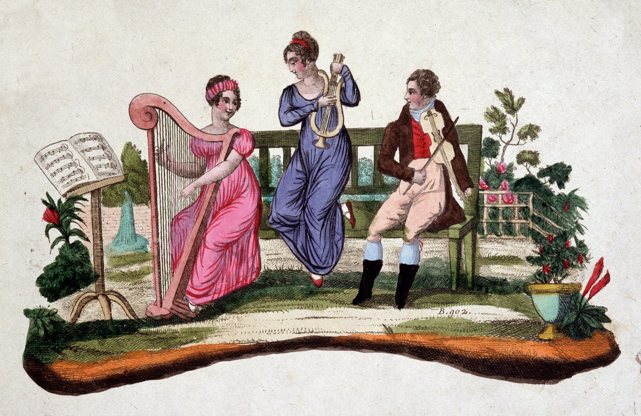 Tre persone che suonano strumenti musicali in un giardino: arpa, lira, viola. Incisione del XVIII secolo. da Unknown artist