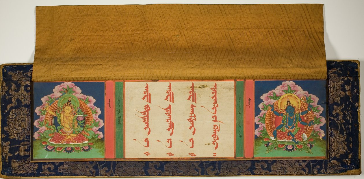 Frontespizio e copertina di un manoscritto buddista con Manjusri (a sinistra) e Mantramanudharani, una dea Pancharaksha (a destra) da Unknown artist