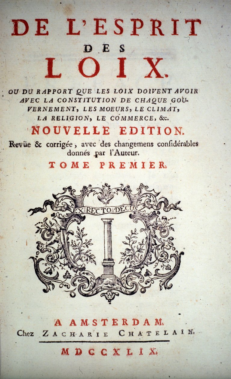 Pagina del titolo di "Lo spirito delle leggi" di Montesquieu. Edizione di Amsterdam 1749 da Unknown artist