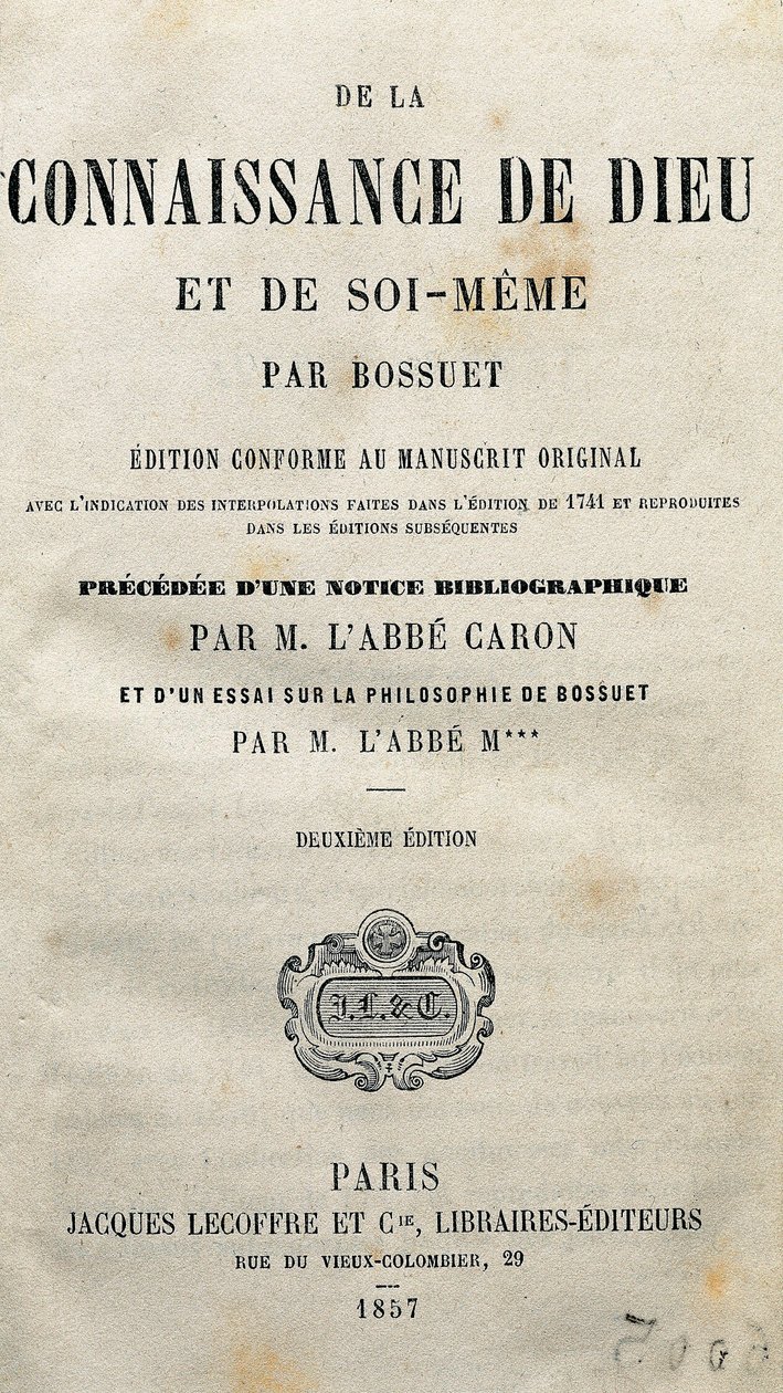 Pagina del titolo di "La conoscenza di Dio e di se stessi" del teologo e vescovo francese Jacques-Benigne Bossuet (1627-1704). 1857. da Unknown artist