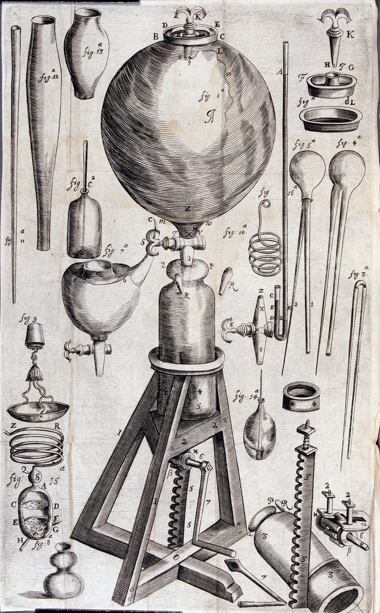 Strumenti per esperimenti scientifici - in "Nova experimenta physico-mechanica de vi aeris elastica, et ejusdem effectibus, facta maximam partem in nova machina pneumatica" di Robert Boyle da Unknown artist
