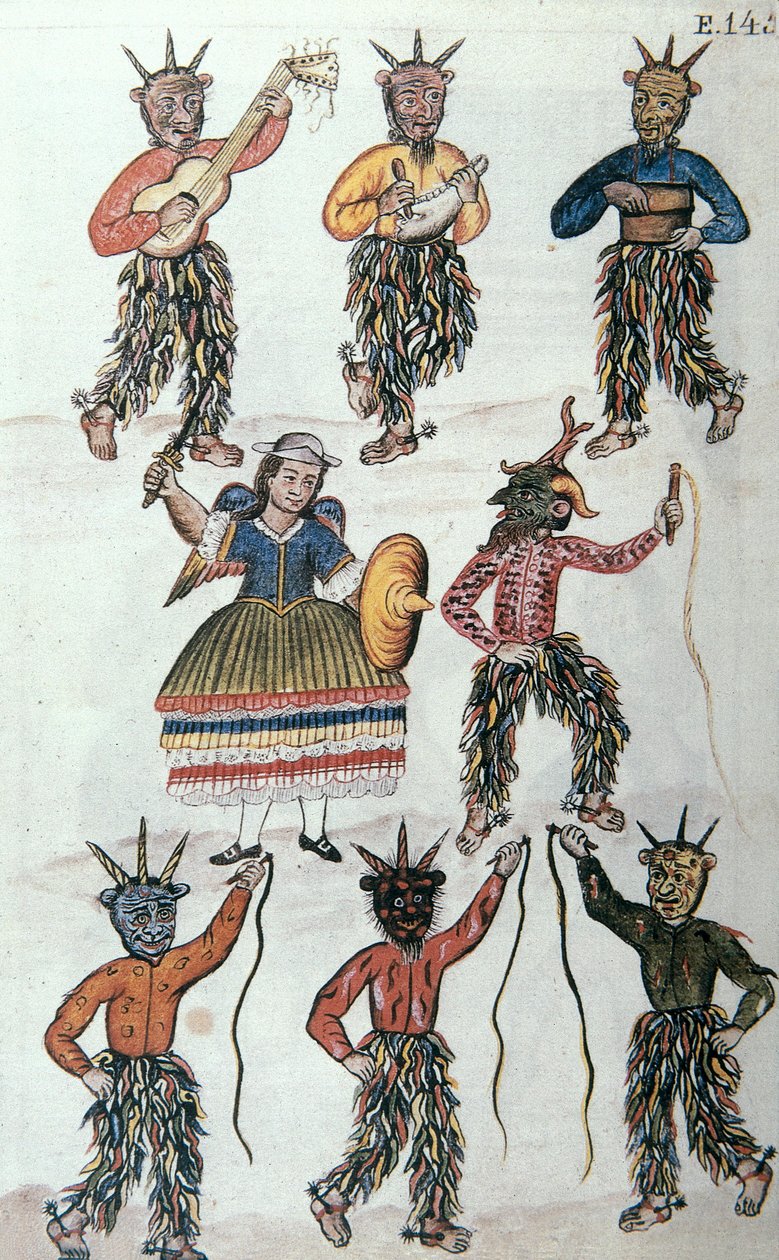 Danza tradizionale dei Diablicos in Perù, dal libro "Trujillo del Peru" o "Códice Martínez Compañón", di Baltazar Martinez Compañón y Bujanda, vescovo di Trujillo (1782-1785) da Unknown artist