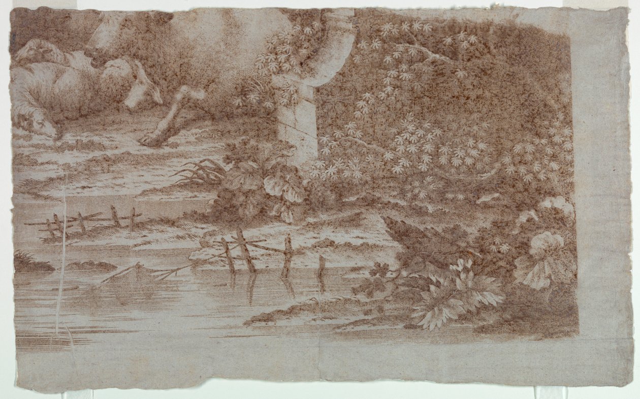 Prova di stampa per cotone: "Scena pastorale con pavoni e pollame" da Unknown artist