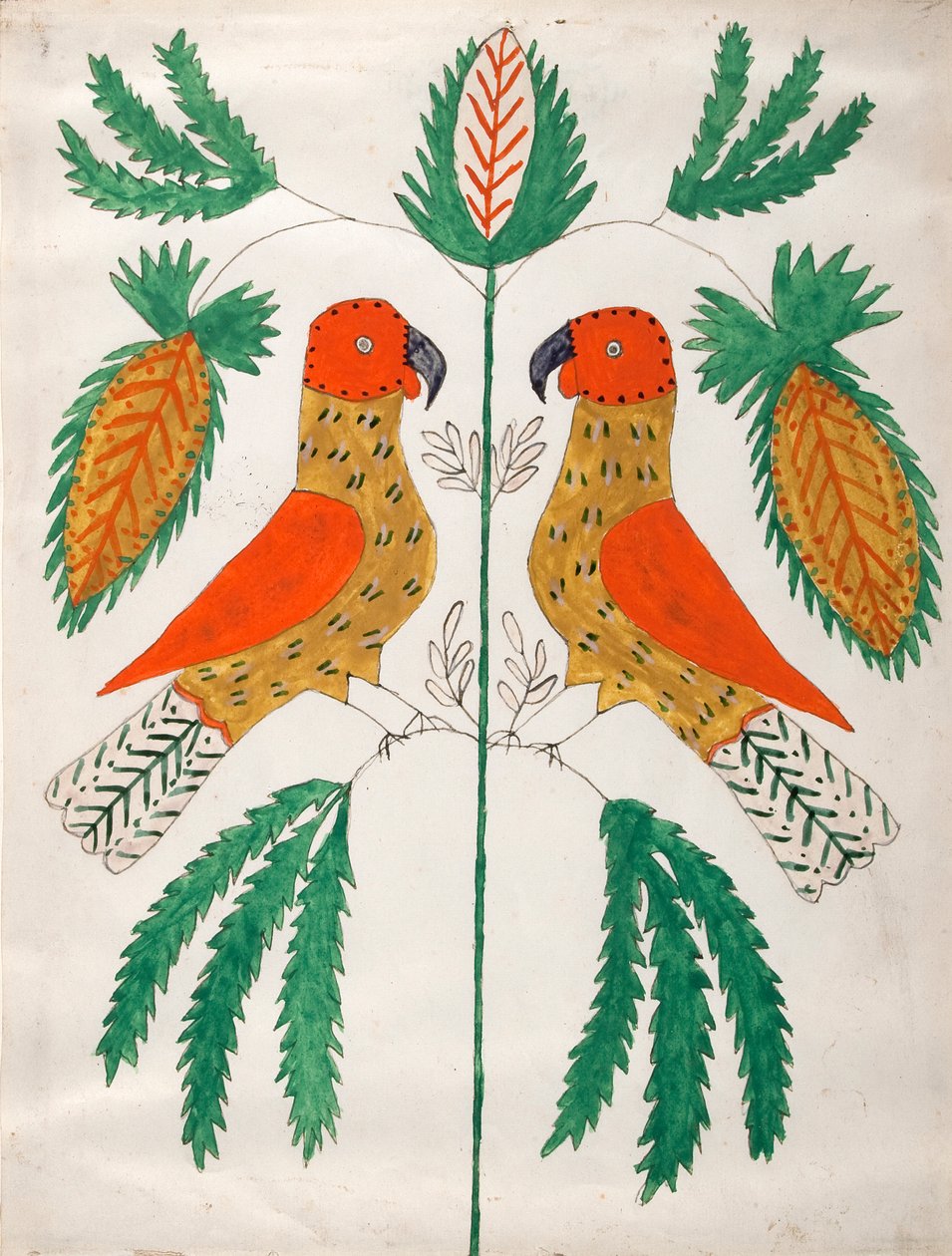 Due pappagalli rossi e gialli che si fronteggiano (Foglie verdi) da Unknown artist