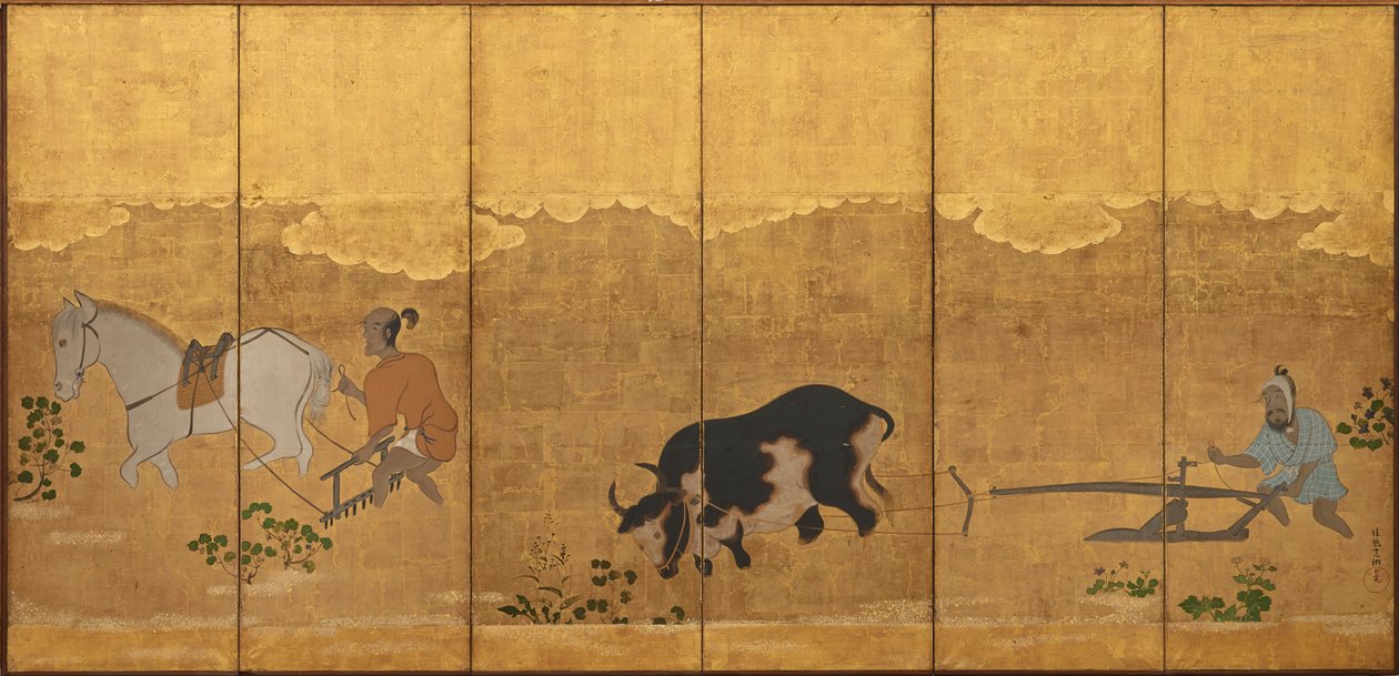 Due contadini che arano e erpicano un campo di riso da Unknown artist